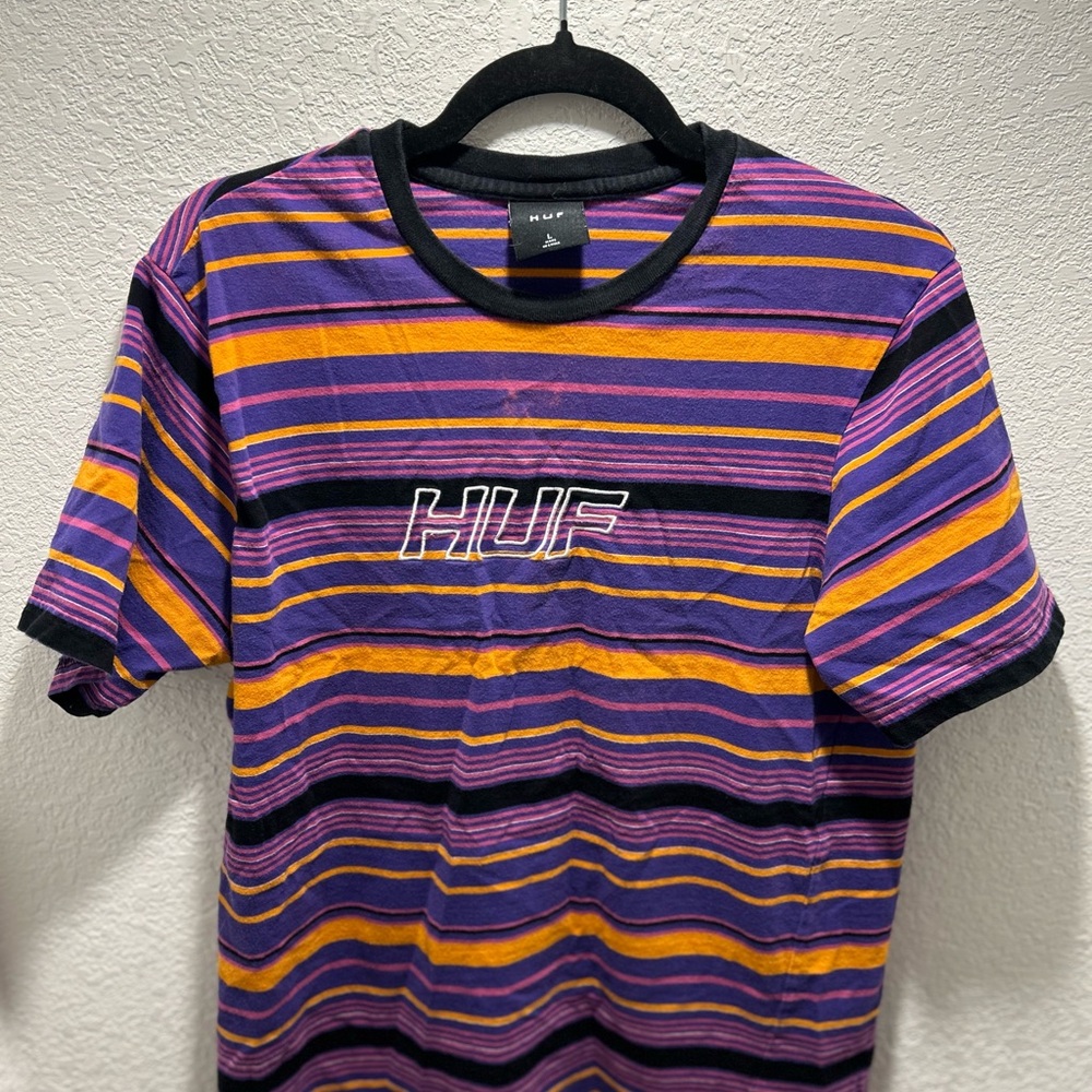 🎁Vtg Huf Streetwear Mens Medium Spell Out Rainbow Striped Short Sleeve T-Shirt